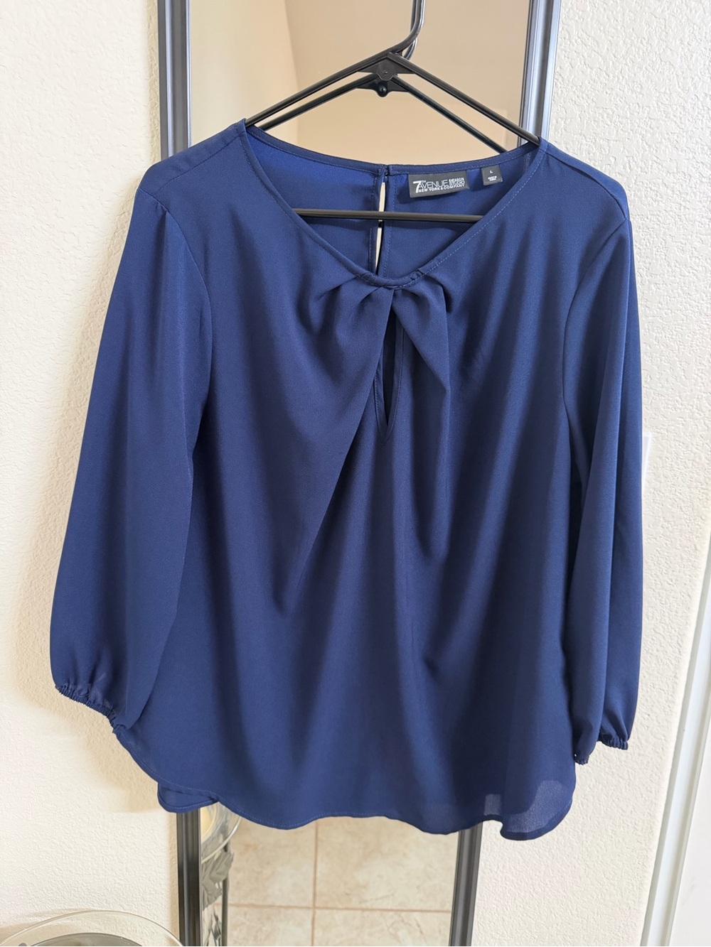 New York & Company Navy Keyhole Tie-Front 3/4 Sleeve Blouse